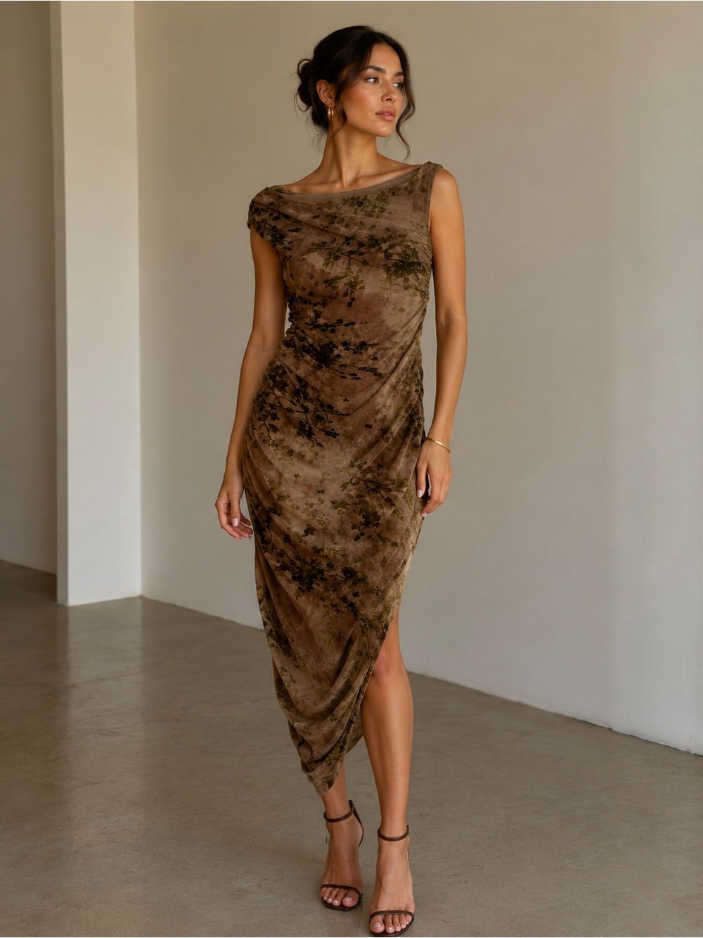 Thirty Thirty Floral Velvet Burnout Mesh Dress Ruched Asymmetric Midi Whimsigoth